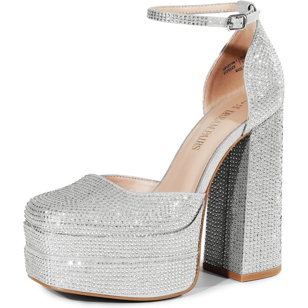 Dream Pairs Women Silver-rhinestone Faux Leather Closed Toe Chunky High Platform